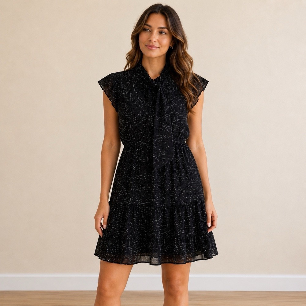 Monteau Womens M Black White Dot Tiered Dress Tie Neck Ruffle Sleeve Sheer